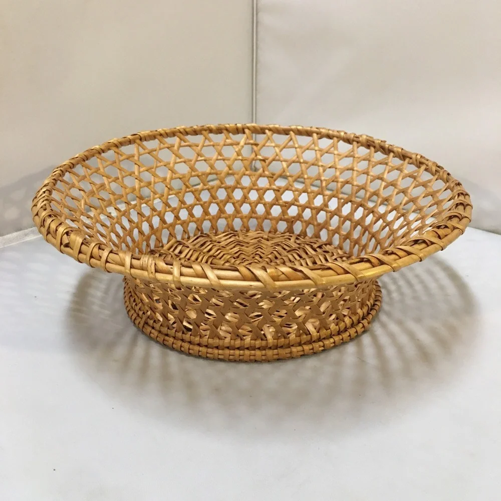 Wicker Fruit Basket Home Decor OS Tan Lattice Weave Pedestal Bowl Beach Coastal